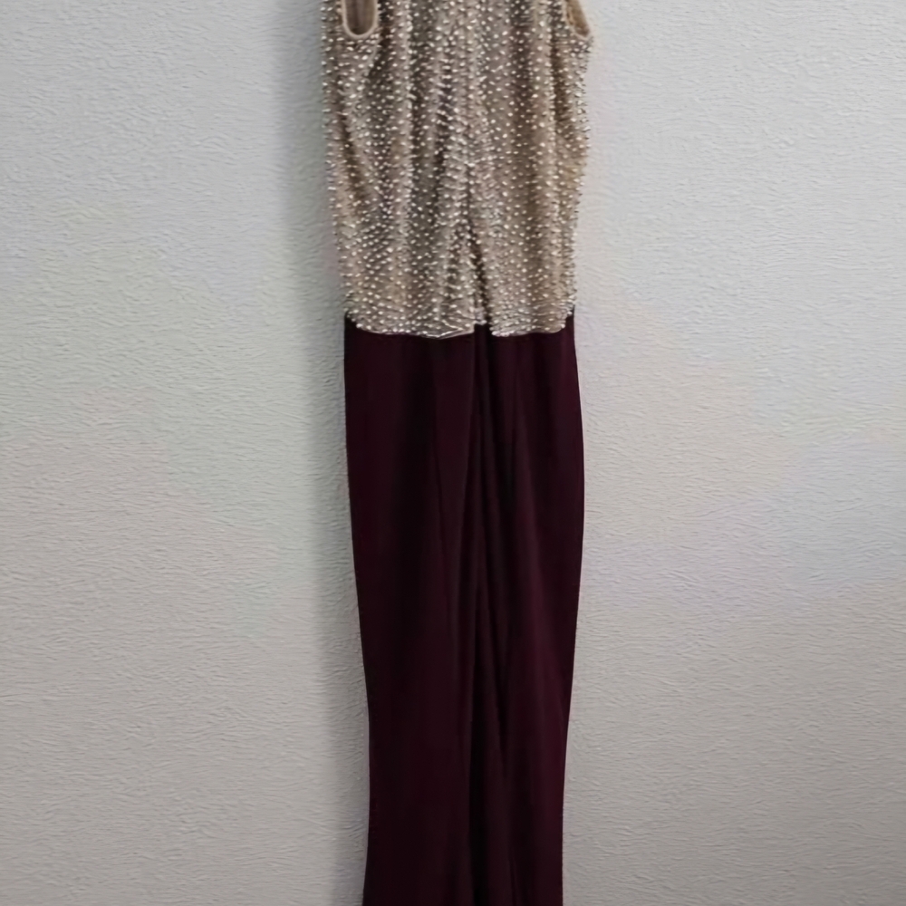 XSCAPE Gown 2 Burgundy Illusion Cutaway High Neck - Picture 7 of 8